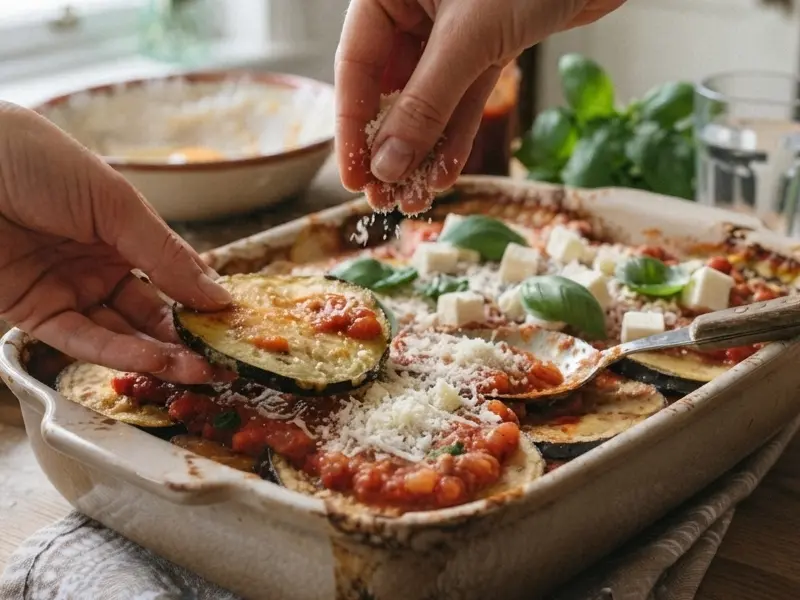 Primo piano di mani che posizionano una fetta di melanzana fritta e spolverano parmigiano per assemblare la parmigiana di melanzane