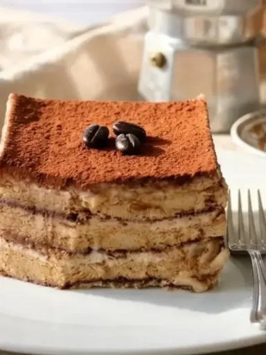 Dolce al caffè in un piatto bianco, cremoso e senza cottura, su tovaglia beige con cuoricini ricamati, macchinetta del caffè e biscotti secchi sullo sfondo
