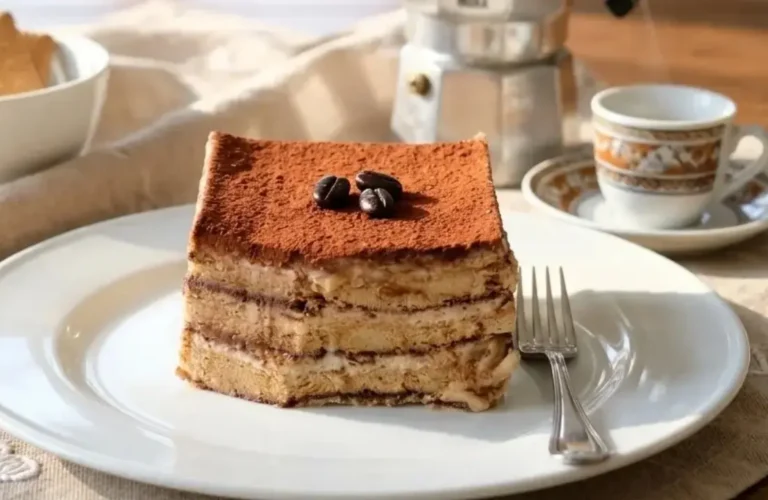 Dolce al caffè in un piatto bianco, cremoso e senza cottura, su tovaglia beige con cuoricini ricamati, macchinetta del caffè e biscotti secchi sullo sfondo
