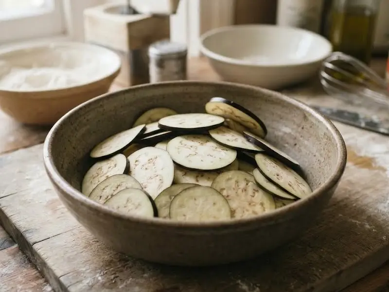 Melanzane fresche tagliate a fette sottili pronte per spurgare, passaggio fondamentale della ricetta di Cannavacciuolo
