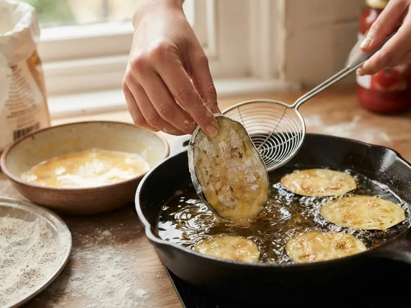 Primo piano di una mano che frigge fette di melanzana passate in uovo e farina in una padella con olio bollente per la parmigiana di Cannavacciuolo