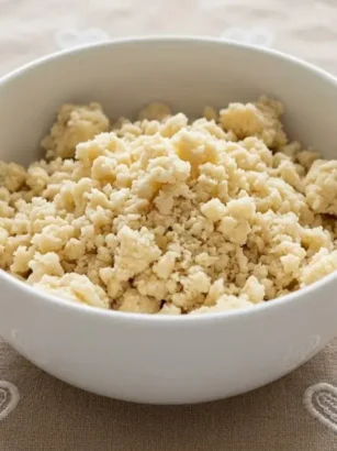 Ciotola bianca con impasto di pasta frolla impazzita e sbriciolata su una tovaglia beige con cuori