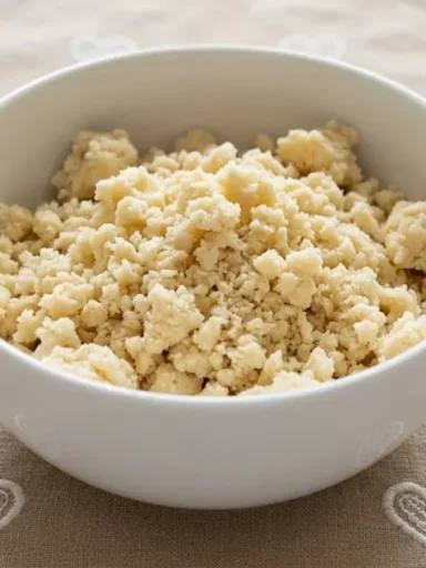 Ciotola bianca con impasto di pasta frolla impazzita e sbriciolata su una tovaglia beige con cuori
