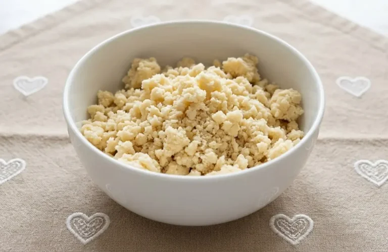 Ciotola bianca con impasto di pasta frolla impazzita e sbriciolata su una tovaglia beige con cuori