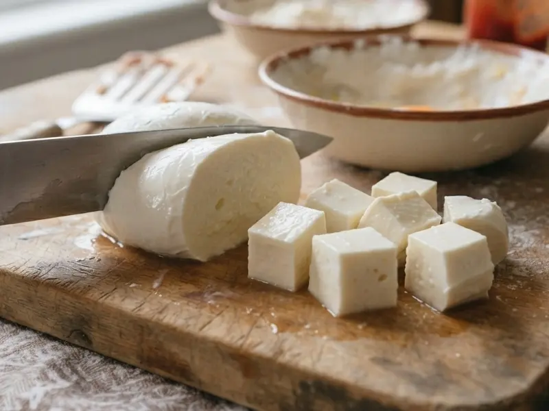 Tagliare a cubetti la mozzarella o il fior di latte e lasciarla sgocciolare, passaggio chiave della ricetta della parmigiana.