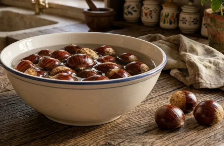 Castagne incise immerse in acqua tiepida durante la fase di ammollo