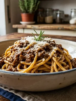 Piatto fondo di ceramica con bigoli freschi conditi con ricco ragù d'anatra, formaggio grattugiato e rametto di rosmarino