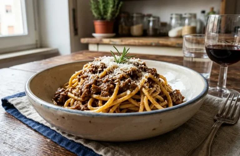 Piatto fondo di ceramica con bigoli freschi conditi con ricco ragù d'anatra, formaggio grattugiato e rametto di rosmarino