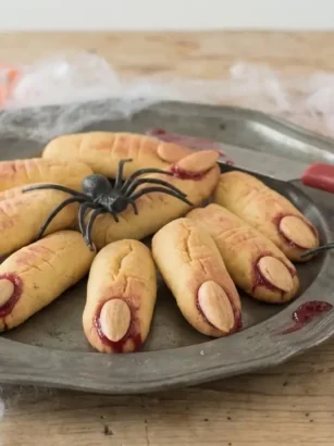 Teglia da forno con biscotti di pasta frolla a forma di dita di strega con unghie di mandorla e marmellata rossa finta di sangue