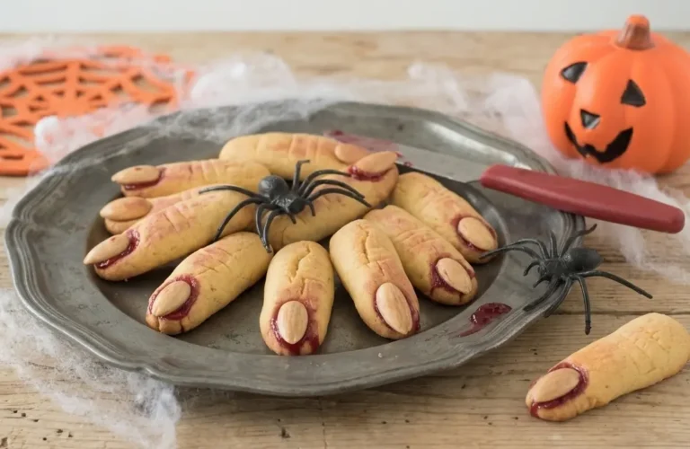 Teglia da forno con biscotti di pasta frolla a forma di dita di strega con unghie di mandorla e marmellata rossa finta di sangue