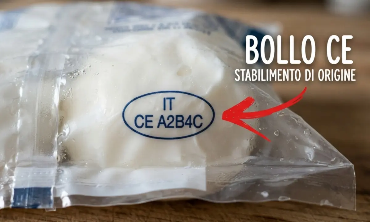 Primo piano del bollo CE stampato su una confezione di mozzarella, evidenziato da una freccia rossa per identificare lo stabilimento di origine.