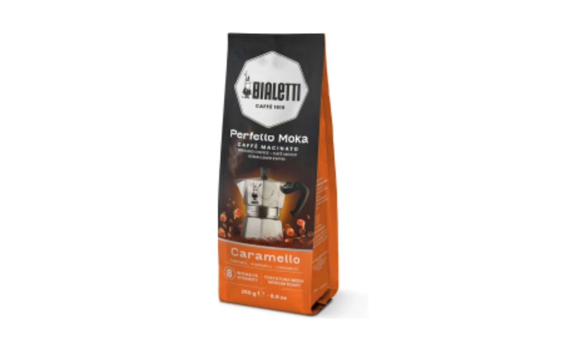Confezione di caffè macinato Bialetti Perfetto Moka al gusto Caramello da 250 grammi