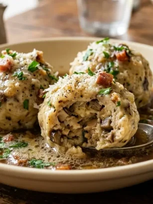 Piatto fondo con tre grandi canederli ai funghi porcini e speck conditi con burro fuso, salvia e formaggio grattugiato