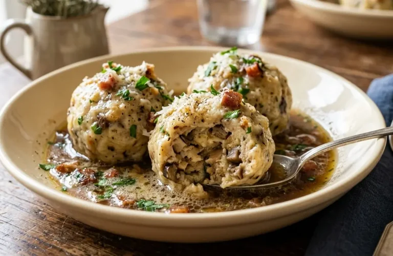 Piatto fondo con tre grandi canederli ai funghi porcini e speck conditi con burro fuso, salvia e formaggio grattugiato