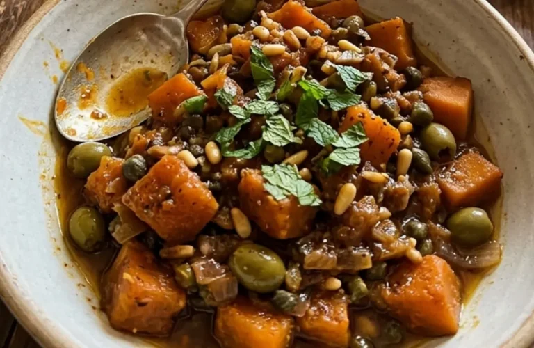 Foto di un piatto rustico con caponata di zucca rossa alla siciliana, guarnita con menta e pinoli, su un tavolo di legno antico.