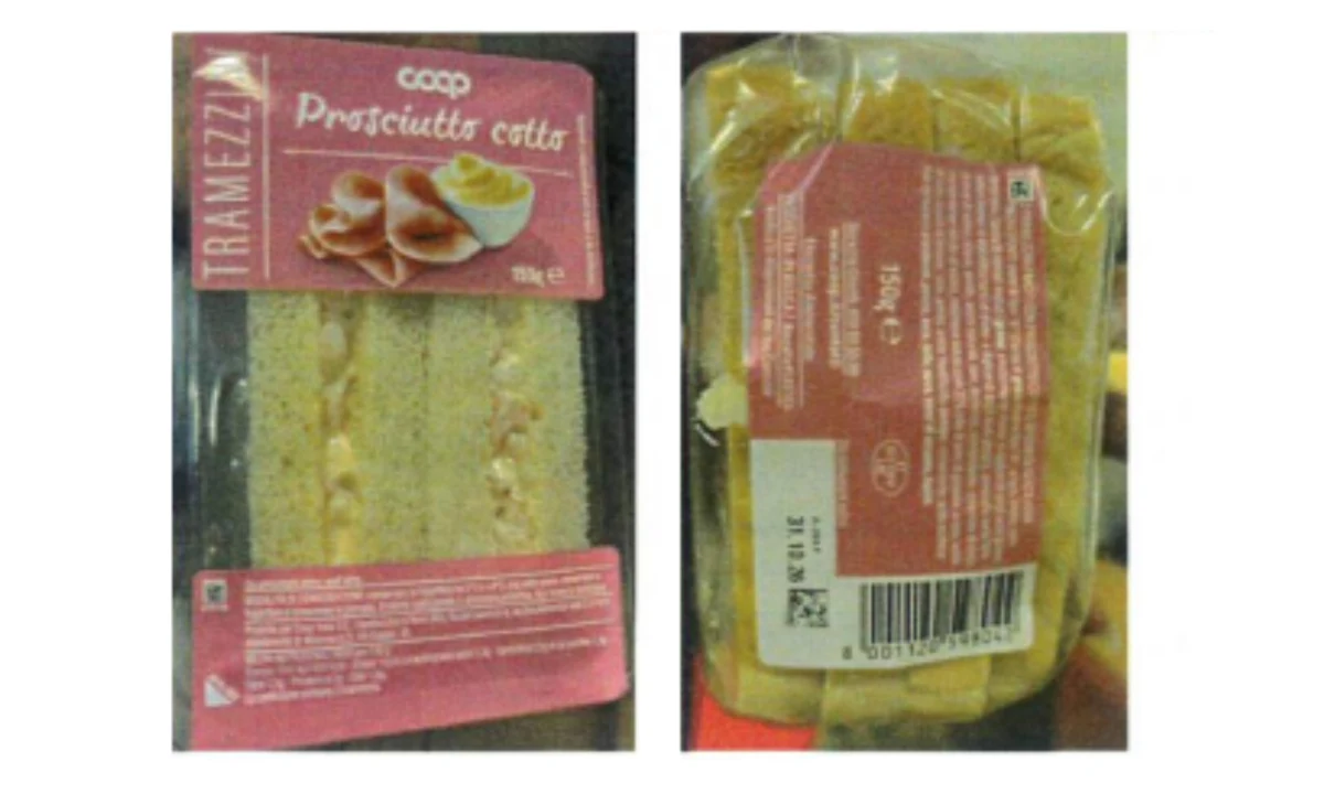 Confezione di tramezzino COOP prosciutto cotto oggetto del richiamo alimentare