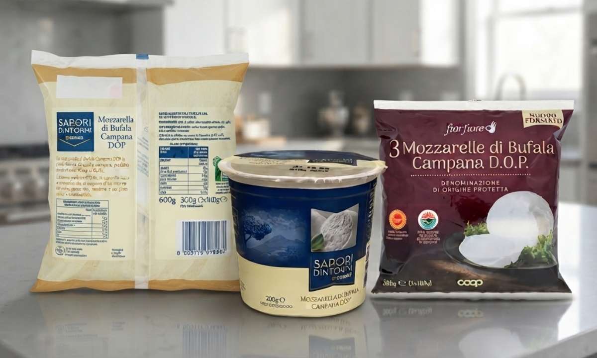 Assortimento di confezioni di Mozzarella di Bufala Campana DOP a marchio del supermercato (Sapori & Dintorni Conad e Fior Fiore Coop) disposte su un ripiano di cucina moderna.