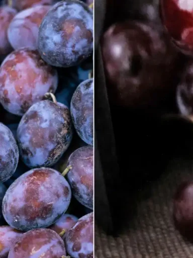 Confronto ravvicinato tra prugne e uva con pruina naturale integra a sinistra e frutta lavata e lucida a destra.
