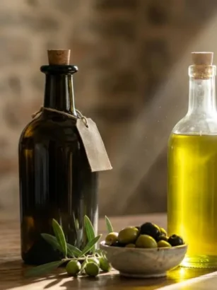 Confronto tra una bottiglia di olio extravergine d'oliva in vetro scuro protetto e una bottiglia di vetro trasparente colpita dalla luce solare.