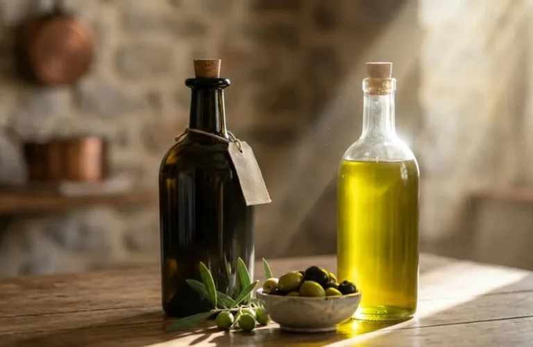Confronto tra una bottiglia di olio extravergine d'oliva in vetro scuro protetto e una bottiglia di vetro trasparente colpita dalla luce solare.
