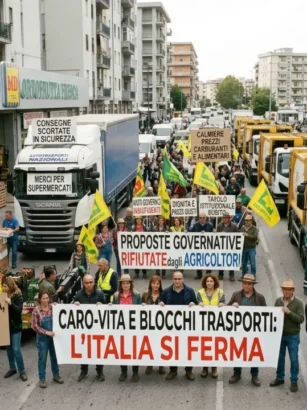 Manifestazione di agricoltori e autotrasportatori con striscioni sul carovita e furgoni di consegne ai supermercati