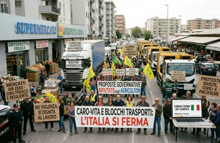 Manifestazione di agricoltori e autotrasportatori con striscioni sul carovita e furgoni di consegne ai supermercati