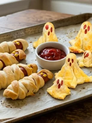 Teglia con fantasmini e mummie di wurstel e pasta sfoglia per Halloween adagiati su carta da forno
