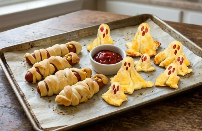 Teglia con fantasmini e mummie di wurstel e pasta sfoglia per Halloween adagiati su carta da forno