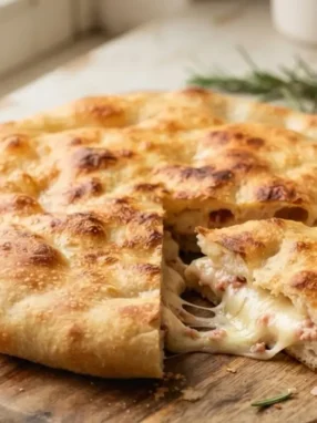 Focaccia in padella senza lievitazione ripiena e filante aperta su tagliere in legno