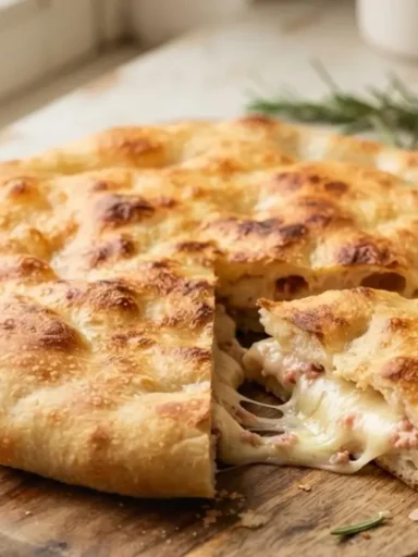 Focaccia in padella senza lievitazione ripiena e filante aperta su tagliere in legno