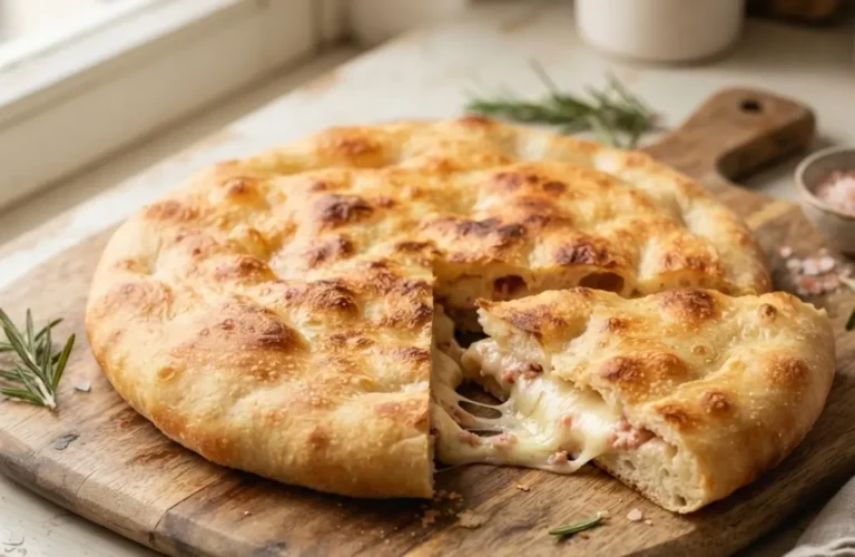 Focaccia in padella senza lievitazione ripiena e filante aperta su tagliere in legno