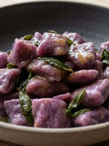 Primo piano di un piatto fondo scuro con gnocchi viola di patate lucidi di burro fuso e foglie di salvia croccante su un tavolo in legno