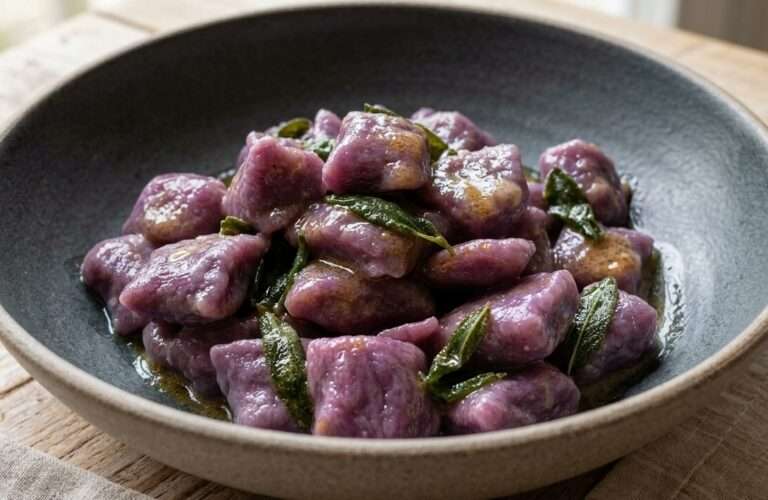 Primo piano di un piatto fondo scuro con gnocchi viola di patate lucidi di burro fuso e foglie di salvia croccante su un tavolo in legno