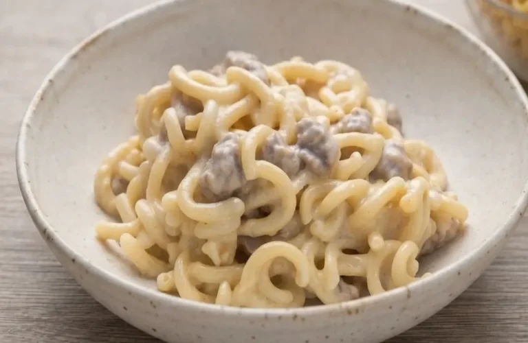 Piatto di gramigna con salsiccia e fonduta di gorgonzola cremosa servito in una ciotola rustica su tavolo in legno