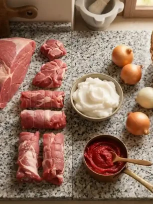 Guida ai tagli di carne per il ragù napoletano: muscolo di manzo, tracchie di maiale, braciole con equivalenze regionali, cipolle, strutto e concentrato di pomodoro su piano di granito.