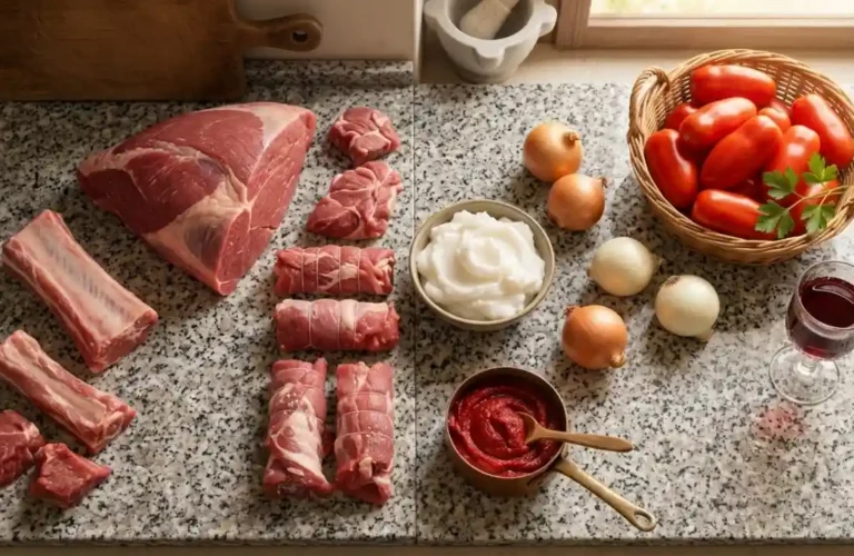 Guida ai tagli di carne per il ragù napoletano: muscolo di manzo, tracchie di maiale, braciole con equivalenze regionali, cipolle, strutto e concentrato di pomodoro su piano di granito.