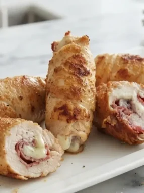 Involtini di pollo ripieni di speck e provola filante disposti su un piatto bianco rettangolare