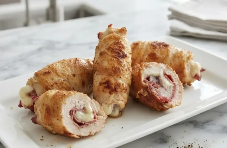 Involtini di pollo ripieni di speck e provola filante disposti su un piatto bianco rettangolare