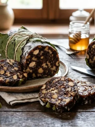 Primissimo piano di fette di lonzino di fichi marchigiano avvolto in foglie con noci e mandorle visibili all'interno