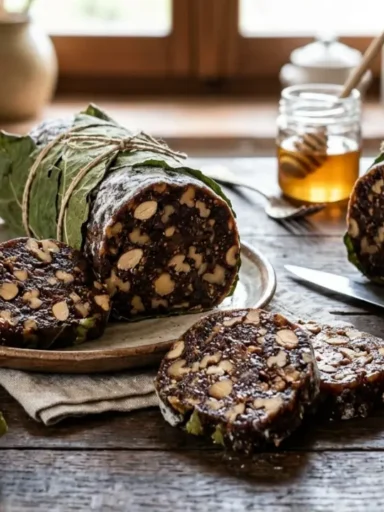 Primissimo piano di fette di lonzino di fichi marchigiano avvolto in foglie con noci e mandorle visibili all'interno