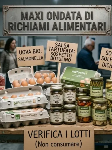 Grafica di avviso per la maxi ondata di richiami alimentari con salame, uova bio, salsa tartufata, sott oli e vongole