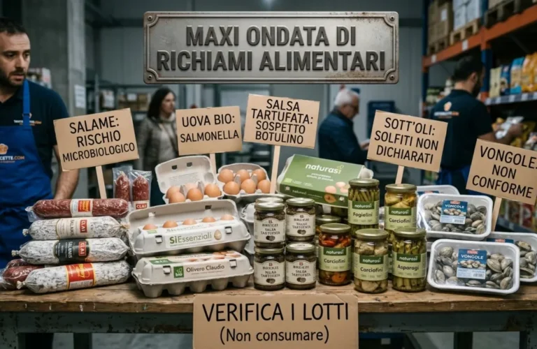 Grafica di avviso per la maxi ondata di richiami alimentari con salame, uova bio, salsa tartufata, sott oli e vongole