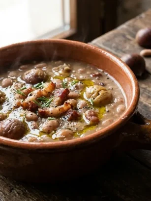 Primissimo piano di un tegamino in terracotta con minestra abruzzese della Majella a base di fagioli castagne e pancetta croccante