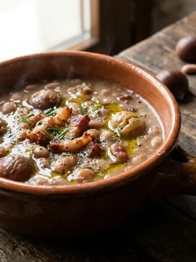 Primissimo piano di un tegamino in terracotta con minestra abruzzese della Majella a base di fagioli castagne e pancetta croccante