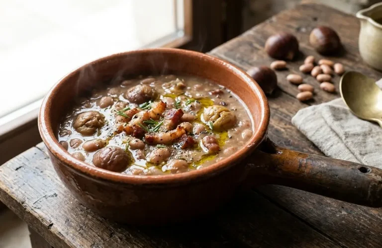 Primissimo piano di un tegamino in terracotta con minestra abruzzese della Majella a base di fagioli castagne e pancetta croccante