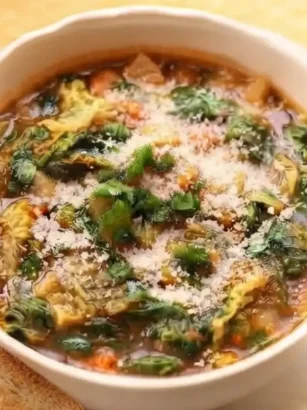 Ciotola di ceramica con minestrone autunnale brucia grassi e drenante a base di verdure di stagione, verza e zucca.