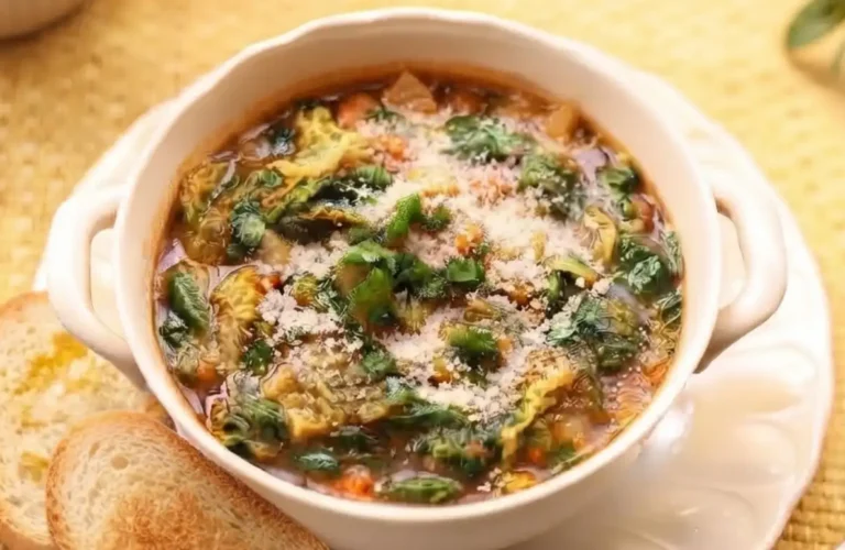 Ciotola di ceramica con minestrone autunnale brucia grassi e drenante a base di verdure di stagione, verza e zucca.
