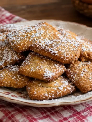 Mostaccioli di San Francesco spolverati di zucchero a velo su un piatto