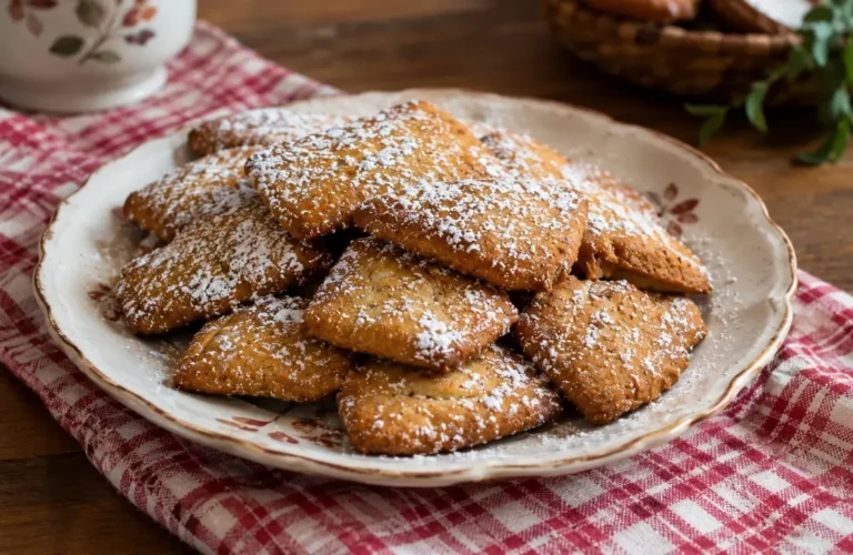Mostaccioli di San Francesco spolverati di zucchero a velo su un piatto