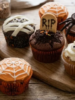 Assortimento di muffin e cupcake di Halloween decorati come mummie, fantasmini, ragni, ragnatele e lapidi su un tagliere di legno